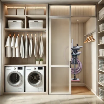 Deluxe Reinigungsset mit gebogenem Anschluss und Zubehör, im Schrank platziert.